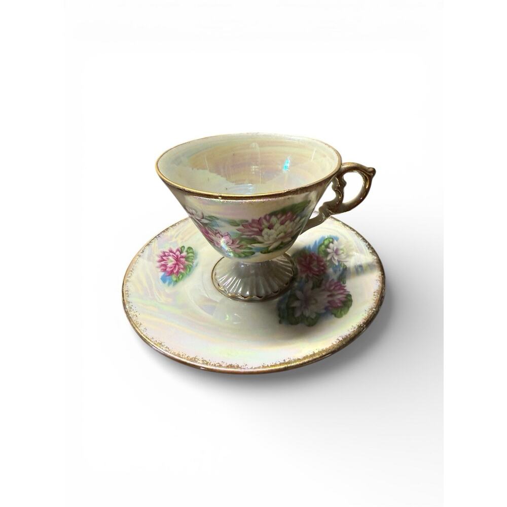 Vintage Iridescent Enesco Tea Cup & Saucer July Water Lilly